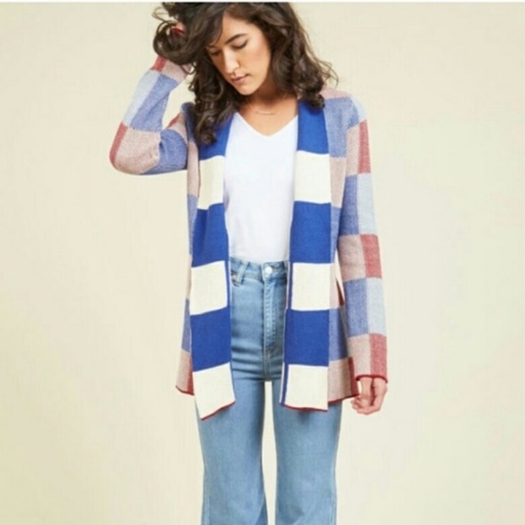 Modcloth Sweaters - Modcloth Simply Snuggly Checked Cardigan Blue Red Size XS